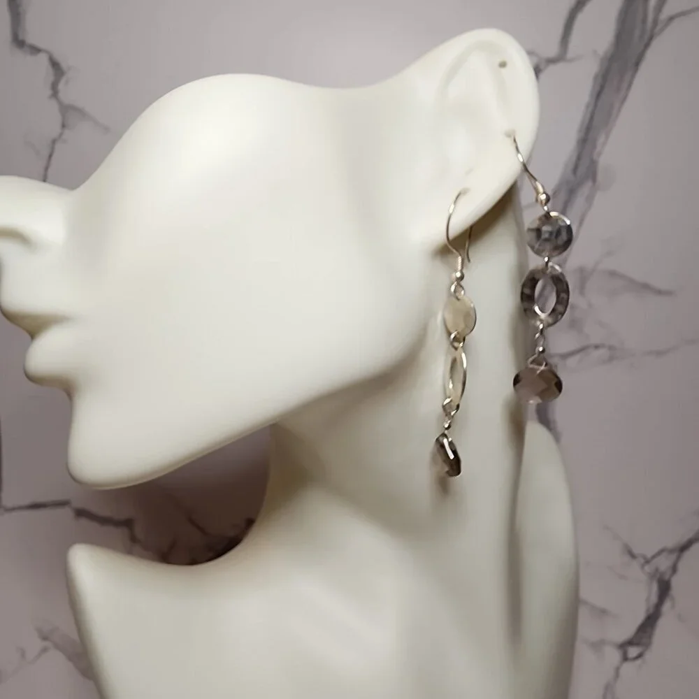 925 Silver Hammered Smokey Quartz Dangle Earrings